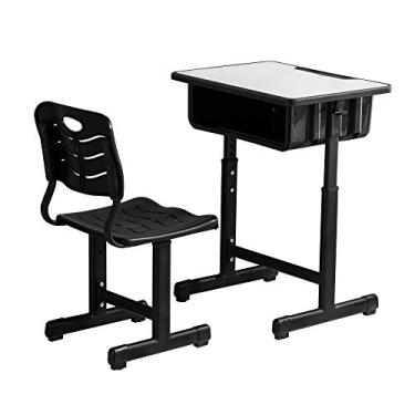 Imagem de Combo de mesa e cadeira para estudantes ShowMaven, mesa de trabalho de mesa e cadeira infantil ajustável com gaveta, ranhuras para lápis e ganchos para pendurar para casa, escola e treinamento Black&white