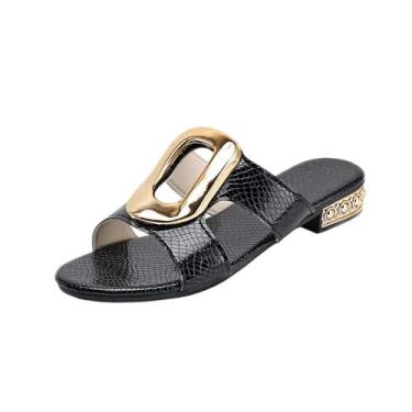 Imagem de Chinelo feminino casual primavera verão salto baixo sólido bico redondo sandálias de praia leves, Preto, 36