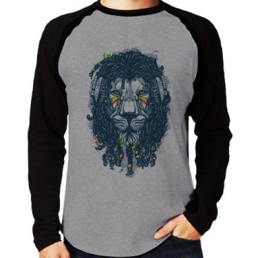 Imagem de Camiseta Raglan Leão Reggae Manga Longa - Foca na Moda, Cinza, Preto, 