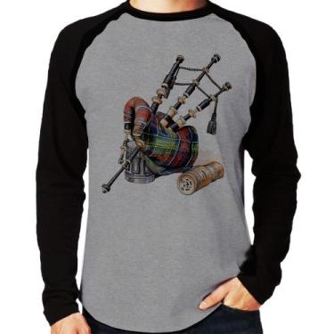 Imagem de Camiseta Raglan Gaita de Foles Manga Longa - Foca na Moda, Cinza, Pret