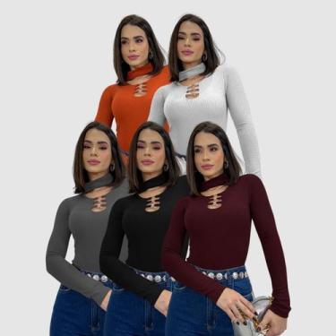 Imagem de Kit 5 Body Blusa Canelada Manga Longa Gola Choker  Moda Gringa Social 
