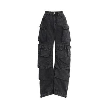 Imagem de Calças Jeans Casuais Femininas De Cintura Alta Em Denim Preto E Cinza 