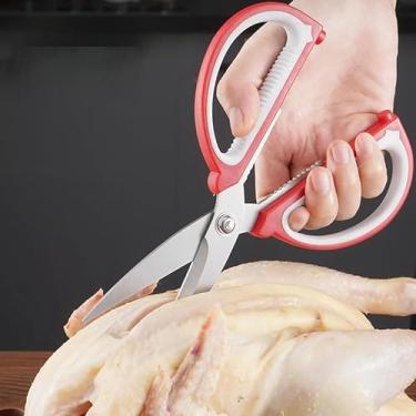 Imagem de 1 conjunto de tesouras de cozinha, tesoura de cozinha de aço inoxidável resistente para cortar carne, ossos, peixe, aves, legumes, frango, sissores afiados para lava-louças (vermelho)