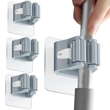 Imagem de Pacote com 4 suportes de esfregão e vassoura de fácil instalação, suporte de armazenamento de parede adesivo sem perfuração para cozinha e banheiro, design que economiza espaço, cinza