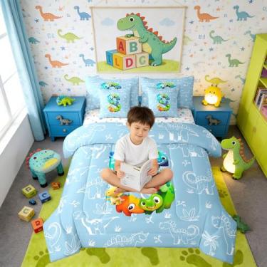 Imagem de Erosebridal Conjunto de edredom solteiro de dinossauro 3D com 7 peças, letra P, dinossauros fofos, para crianças e adultos, conjunto de cama para decoração de estilo de vida selvagem