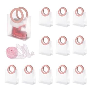 Imagem de PATIKIL Sacos de presente transparentes reutilizáveis com alça e fita, 12 peças de sacolas de plástico para doces e guloseimas para festa de celebração do festival de aniversário de casamento, rosa