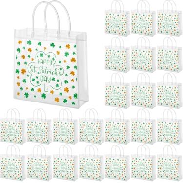 Imagem de Shinylin 24 peças de sacolas de presente transparentes para o dia de São Patrício com alça para lembrancinhas de festa irlandesas, sacola reutilizável de PVC para presente de trevo, sacolas de doces