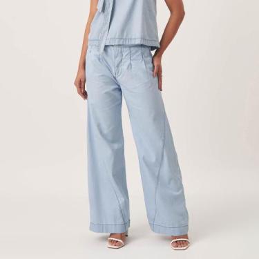 Imagem de Calça Jeans Leve Wide Leg Pregas E Recortes Azul Claro - Bloom, Jeans 