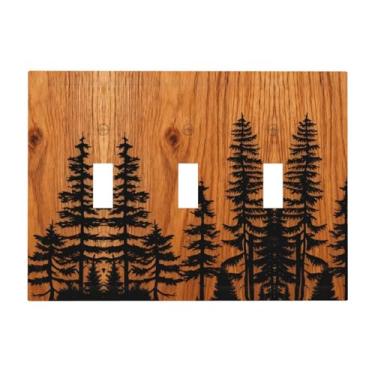 Imagem de Capa de interruptor de luz rústica fazenda marrom floresta pinheiro impressão de grão de madeira 3 gangues placa de parede decorativa placa elétrica decorativa para banheiro cozinha quarto decoração
