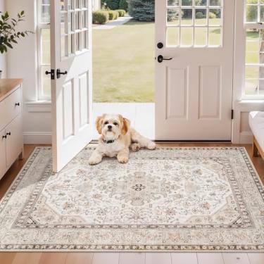 Imagem de Tapete de entrada oriental pequeno lavável: tapetes de área interna 3x4 para pia de cozinha - Tapete ultra fino resistente a manchas - Decoração de casa para amantes de estilo vintage - Marfim 3x4