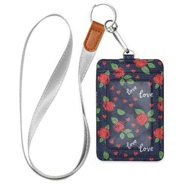 Imagem de Burbuja Porta-crachá de couro com cordão, etiqueta de identificação Love Roses com 1 janela transparente para identidade e 2 compartimentos para cartão para escritório, enfermeira, professor, médico