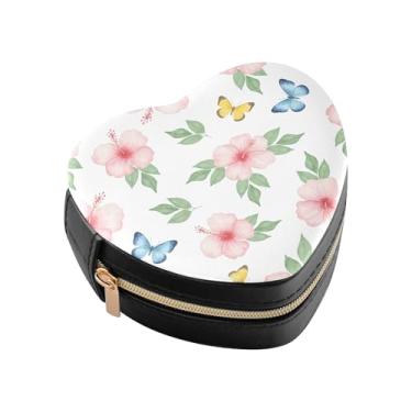 Imagem de Burbuja Caixa de joias com flores borboletas em forma de coração, mini estojo de viagem para mulheres e meninas, organizador portátil de armazenamento para brincos, anéis, colares e pulseiras