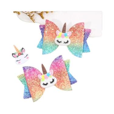 Imagem de Clipe De Cabelo Unicórnio Arco-Íris Com Glitter Pastel 2 Peças, Laço K