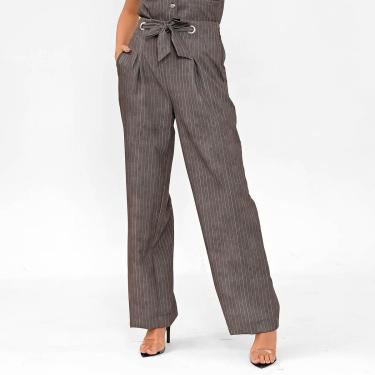 Imagem de Calça Bisô Ilhós Alfaiataria Risca de Giz Cinza-Feminino