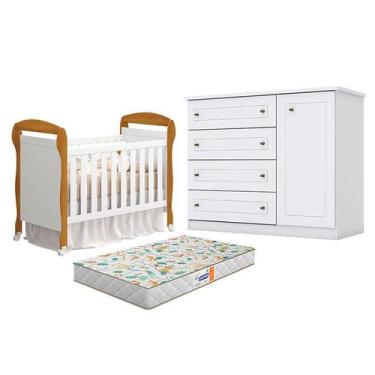 Imagem de Berço Americano Danny Branco Acetinado Savana Reller e Cômoda Infantil