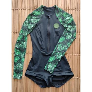 Imagem de Maiô Adulto Short Manga Longa Lycra UV50+ Preto Folhas Verde Tamanho:M