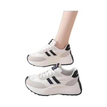 Imagem de Tênis Casuais Femininos Com Solado Grosso Em Couro Patchwork Para Outo