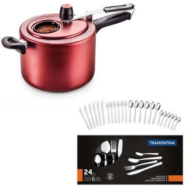 Imagem de Kit mta panela de pressao 4,5 litros cereja com visor + faqueiro 24 pc
