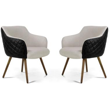 Imagem de Kit 02 Poltronas Jade Tressê Pés Palito Corano Preto/linho Cru - Nexta Casa