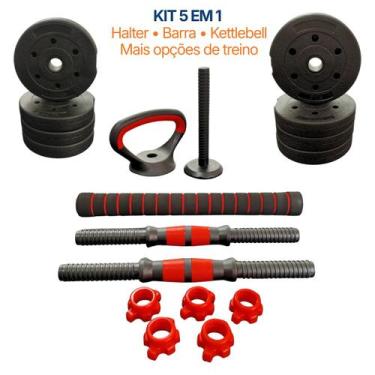 Imagem de Kit Musculação 5 em 1 Ajustável 15kg: Halteres, Barra e Kettlebell par