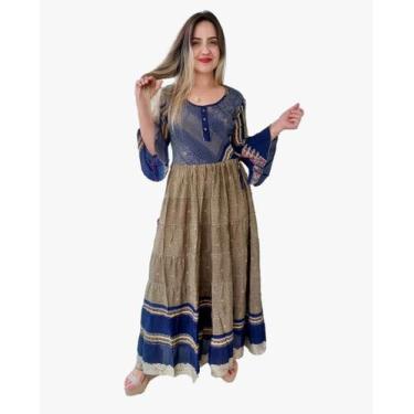 Imagem de Vestido Longo Indiano Estampado Manga 3/4 Toque De Seda-cod.003 - Alec