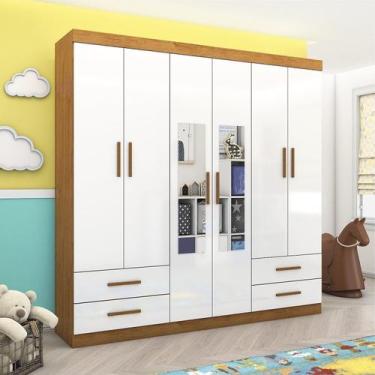 Imagem de Guarda-Roupa 6 Portas 4 Gavetas com Espelho Infantil Perola Branco/Cin