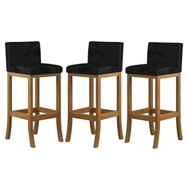 Imagem de Kit 3 Banquetas Alta Encosto Estofado 38x98 Cm Ilha Espanha Madeira Maciça Amêndoa Suede Preto - CCS