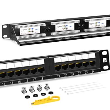 Imagem de AMPCOM Premium Series CAT6 24 portas Patch Panel, montagem em rack - 1U, 19 polegadas, RJ45 Ethernet 568A 568B, 30u banhado a ouro, com barra de suporte de cabo traseira