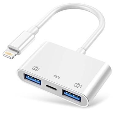 Imagem de SCICNCE Adaptador de câmera Lightning para USB 3.0 compatível com iPhone iPad, adaptador USB para iPhone com 2 USB 3.0 e 1 porta de carregamento, sem aplicação, Plug and Play (branco)