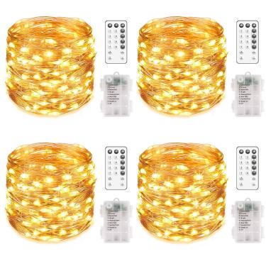 Imagem de MUMUXI Pacote com 4 luzes LED de 60 metros, operadas por bateria com 8 modos, temporizador de controle remoto, luzes de fio de cobre, luzes cintilantes para quarto de casamento, decoração de Natal, branco quente
