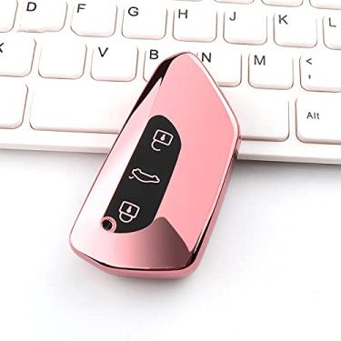 Imagem de YJADHU Capa de chave de controle remoto de carro TPU macio 3 botões capa de chave inteligente para carro, apto para Volkswagen VW Golf 8 Mk8 2020 Skoda para SEAT LEON 2020, capa apenas rosa
