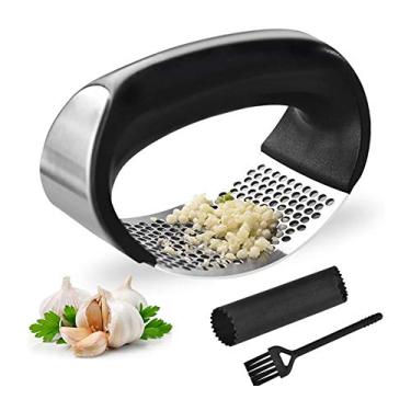 Imagem de Espremedor de alho premium, triturador de alho de aço inoxidável, triturador de alho profissional com descascador de tubo de silicone e escova de limpeza