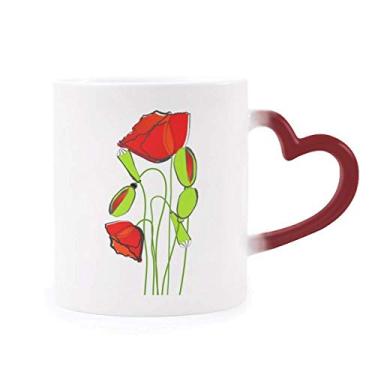 Imagem de Caneca de grés abstrata com flores vermelhas e botões verdes sensível ao calor Caneca vermelha que muda de cor