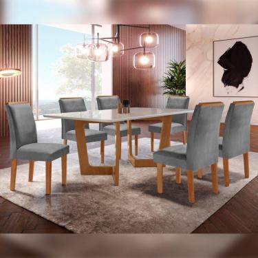 Imagem de Conjunto Sala De Jantar Nápoles Tampo Vidro/MDF com 6 Cadeiras Luísa Smart Plus Cel Móveis Cinamomo/Off White/Cinza