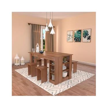 Imagem de Mesa Retangular Nova Móbile Multi com 4 Bancos, Nicho e Prateleira