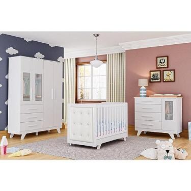 Imagem de Quarto de Bebê Completo Guarda Roupa com Janela Cômoda e Berço com Capitone Retrô Jolie Branco/Brilho