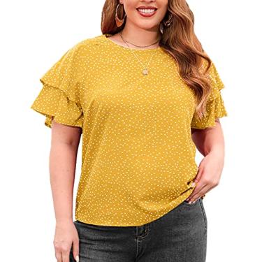Imagem de Top Feminino Respirável Com Babado Duplo Manga Plus Size Top Poliéster Estampa de Pontos Femininos para Festa (4XL)