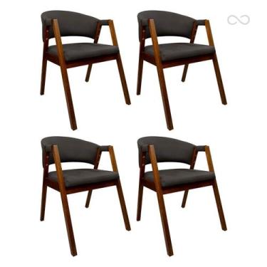 Imagem de Kit 4 Cadeiras De Jantar Estofada Curva Em Madeira Com Braço Castanho