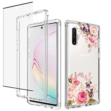 Imagem de Vavies Capa para Galaxy Note 10, SM-N970U com protetor de tela de vidro temperado, capa de telefone transparente com design floral para Samsung Galaxy Note 10 (flor rosa)