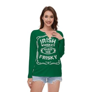 Imagem de TMSD Blusa feminina de Mardi Gras Top Dia de São Patrício manga longa gola V camisa sexy, Uísque Irlandês, GG