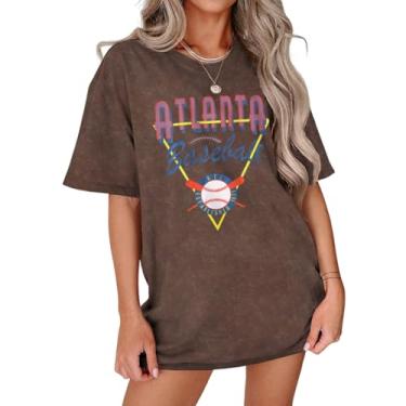 Imagem de Camiseta feminina vintage Atlanta Baseball Letter Graphic Shirt manga curta grande ajuste solto verão casual camisetas tops, Marrom-11, GG