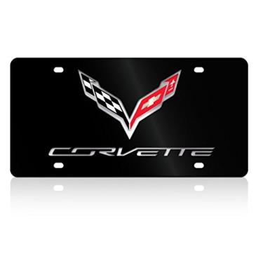 Imagem de Corvette Crossed Flags with Corvette Script License Plate/Tags - Aço Inoxidável Preto: C7 Stingray