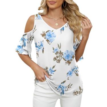 Imagem de LOMON Blusa feminina verão 2024 ombro vazado manga curta túnica casual gola V malha blusas duplas, Floral branco, 3G