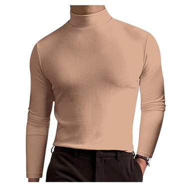 Imagem de Camisetas masculinas de manga comprida slim fit gola rolê camisas polo secagem rápida absorção de suor ao ar livre Henley, Cáqui, P