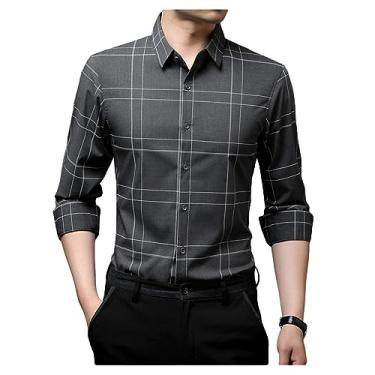 Imagem de Camisa social masculina xadrez cor sólida slim fit manga longa camisa formal lapela gola, Cinza escuro, G