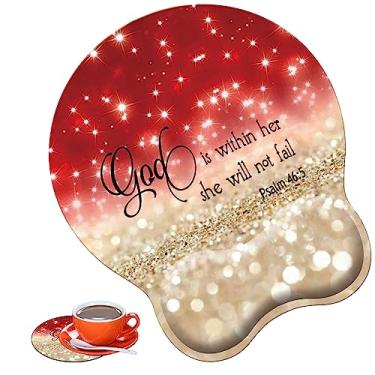 Imagem de ZHUHEHEAH Combinação de almofada de descanso de pulso e porta-copos para mouse, base de borracha antiderrapante, superfície lisa, mouse pad ergonômico para jogos para digitação fácil e alívio da dor,