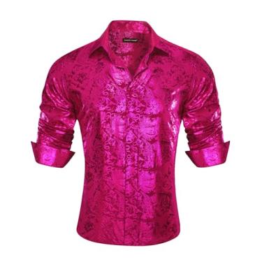 Imagem de Barry.Wang Camisetas masculinas Paisley Muscle Shirt vestido de seda botão manga longa regular tops moda flor casamento/formal, Estampa rosa choque, 3G