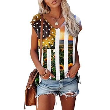 Imagem de Camiseta feminina com estampa de girassol bandeira americana 4 de julho manga cavada blusas soltas verão casual dia da independência blusas, Amarelo, GG