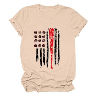 Imagem de Camiseta feminina de beisebol estampada gola redonda camiseta solta manga curta túnica camiseta de beisebol verão, Bege -, GG