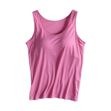 Imagem de Camiseta feminina de algodão, sutiã embutido, sem mangas, confortável, elástica, ioga, academia, treino, alças ajustáveis, Rosa choque, 3G